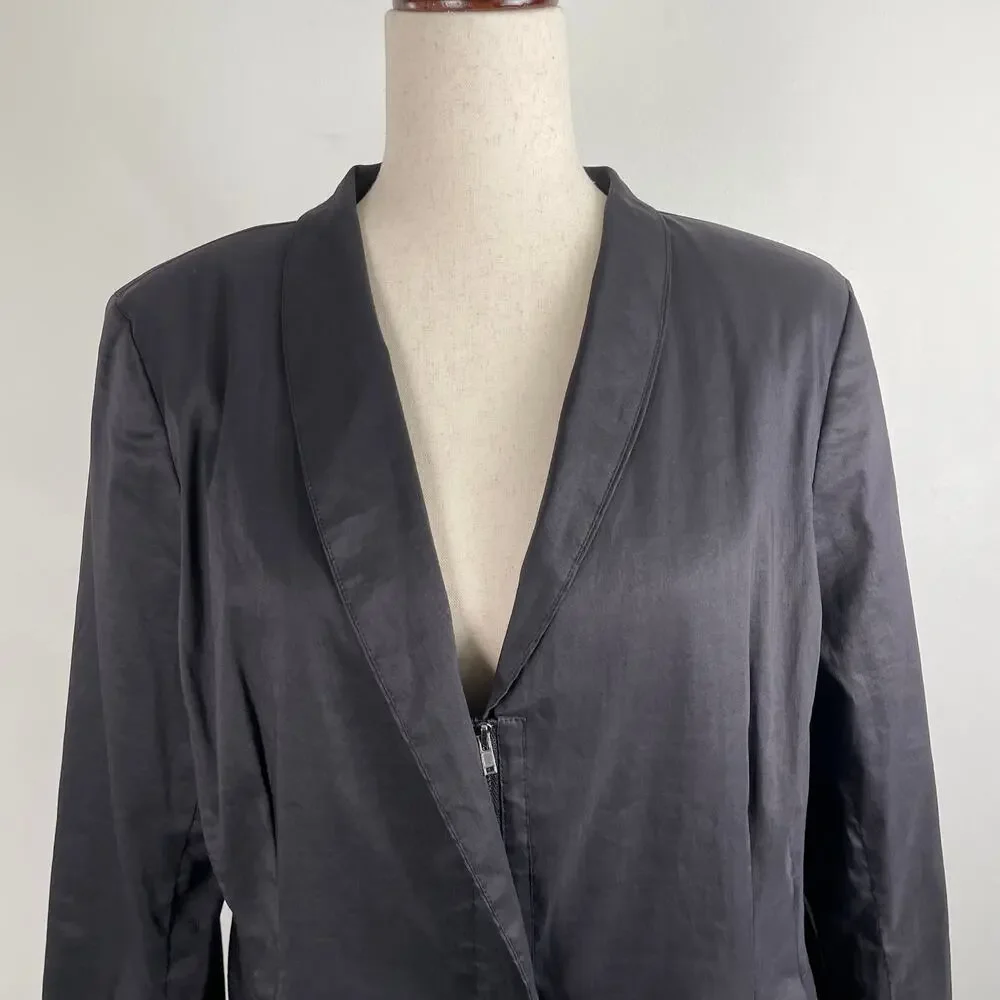 Eileen Fisher Polished Ramie Silk Stretch Jacket Blazer Zip Front Fitted Black L